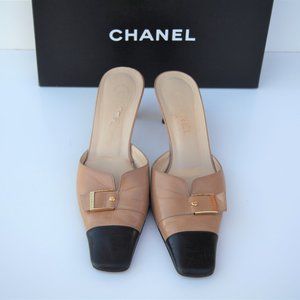 CHANEL, Shoes, Chanel Beige And Black Low Heel Mules Us 9